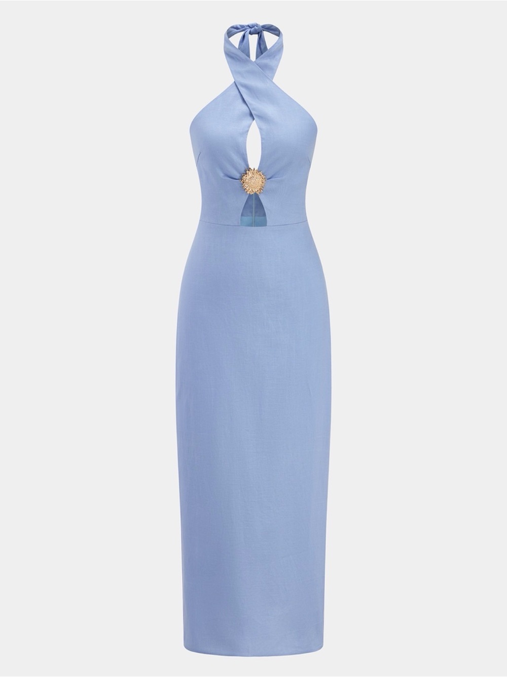 Commense Blue Halter Cutout Linen Blend Midi Dress with Gold Accent